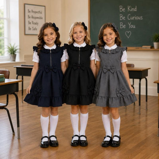 Ginger Ivy YORK ZIP Front Feature Dress with Bows and Ruffles School Dress for Girls