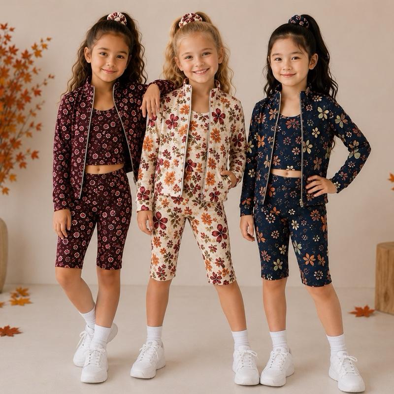Ginger Ivy: AUTUMN woodland fashion three piece Zip-Up Sport Set – Jacket, Vest & Cycling Shorts girls sport set