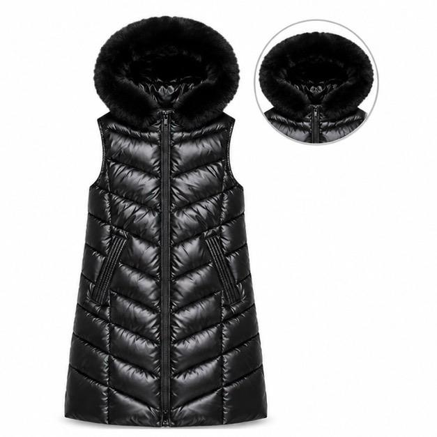 Ginger Ivy: NOVA metallic padded long GILET with faux fur trim hood for 4-12 years