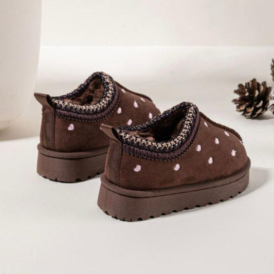 Ginger Ivy HEARTs Embroidered Fleece Lined Slipper Shoes for Girls with Contrasting Stitching Cozy Warm Everyday Wear