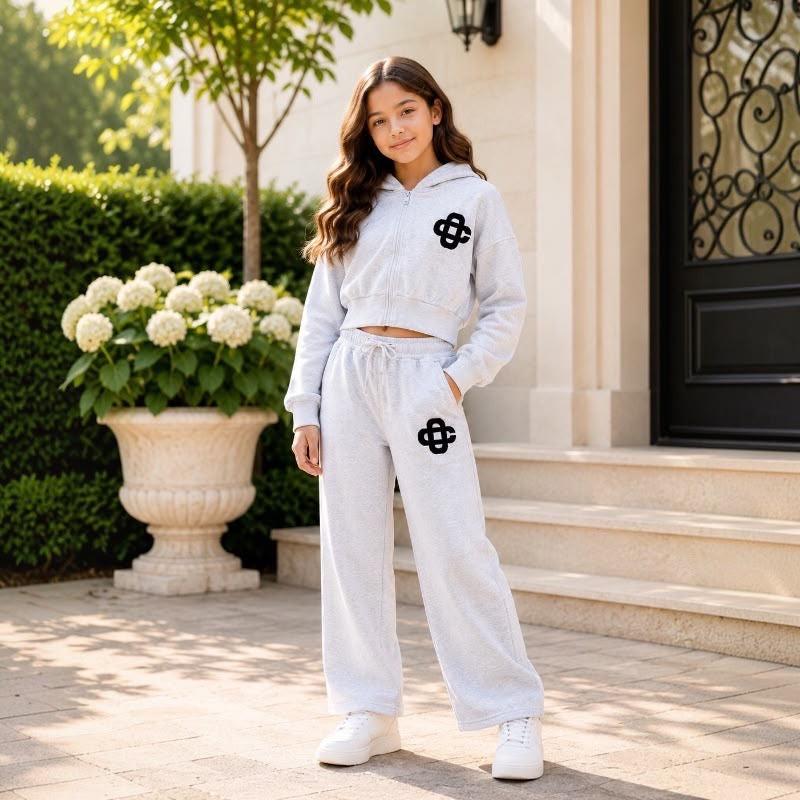 Ginger Ivy CARRINGTON CLUB Wide Leg Tracksuit for Girls - Soft Premium Fabric, Cropped Zip Hoodie, Embroidered Logo, Adjustable Drawcord, Ages 4-14