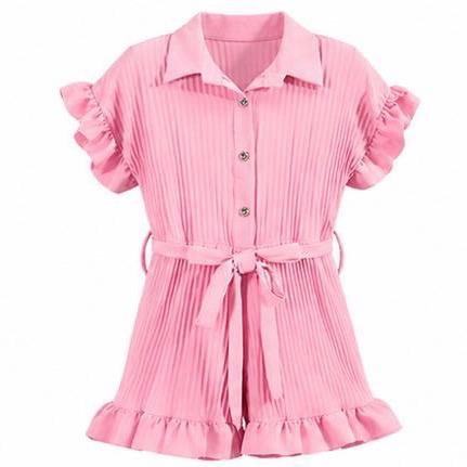 Ginger Ivy VIRAL Pleated Playsuit Polly Outfit - Button Front Tie Belt Design for Summer - Trendy & Versatile All-in-One Piece - Recommended to Size Up