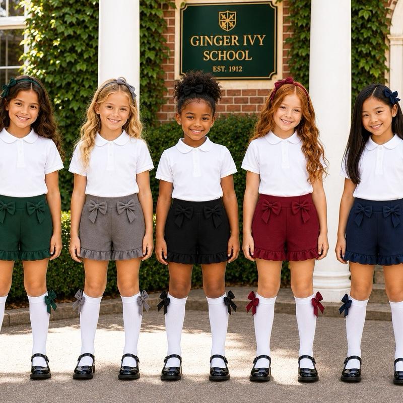 Ginger Ivy BEACON Bow School SHORTs with Double Bows for Girls - Perfect for School Uniforms 2-16 years