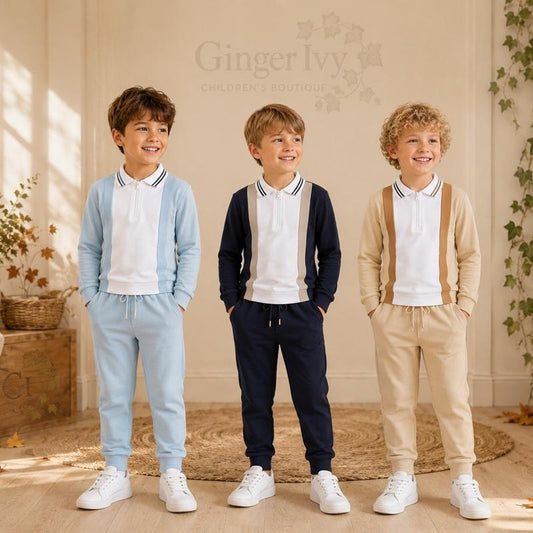 Ginger Ivy HUDSON Contrasting Polo Collar Long Sleeve Top & Smart Joggers for Boys - Stylish & Comfortable