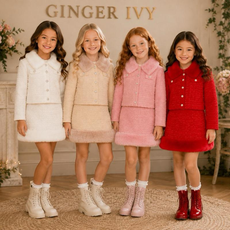Ginger Ivy: CRYSTAL knitted faux fur trimmed skirt and cardigan suit set 3-14 years