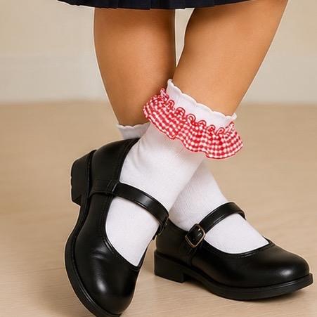 Ginger Ivy Three Pack Socks with Ruffled Edges and Bow Details for Kids Perfect School Socks in Red and Blue Checkered Patterns