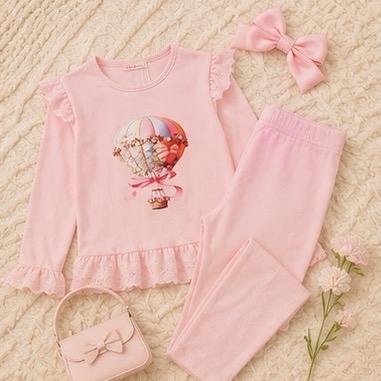 Ginger Ivy SKYE Hot Air Balloon Emblishment Long Sleeve Top with Ruffles and Leggings Outfit for Girls