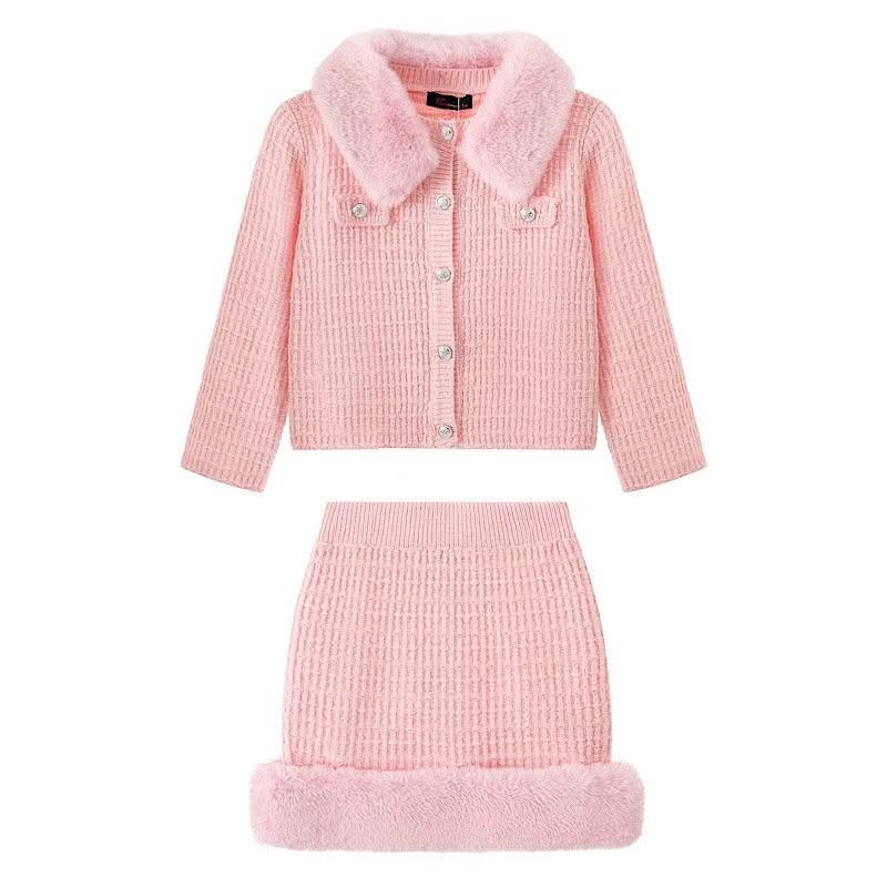 Ginger Ivy: CRYSTAL knitted faux fur trimmed skirt and cardigan suit set 3-14 years