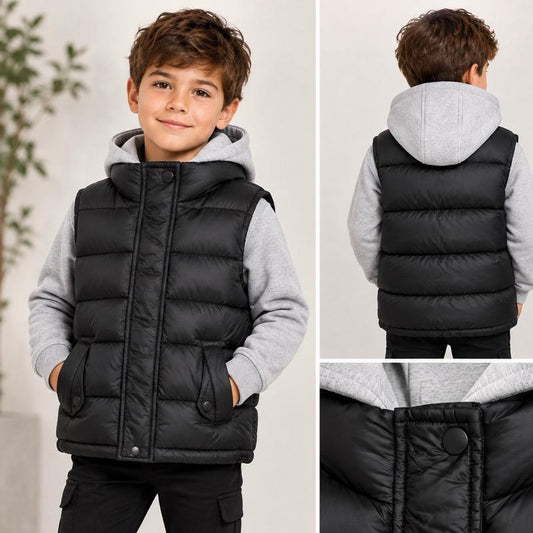 Ginger Ivy: ACE boys Black Puffer Vest with Grey Hood - Warm & Cozy Winter Outerwear for Children 4-14 year