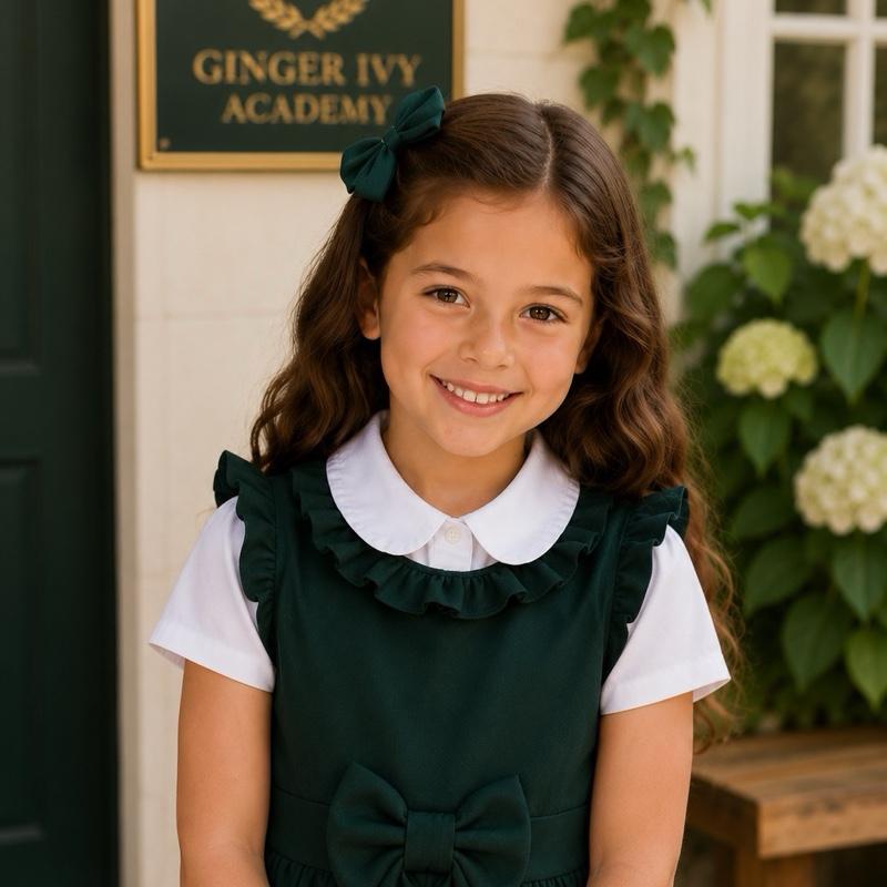Ginger Ivy: BELFAST Triple Bow Feature Ruffle Neck Finish School Dress for Girls 4-12 Years small for please size up