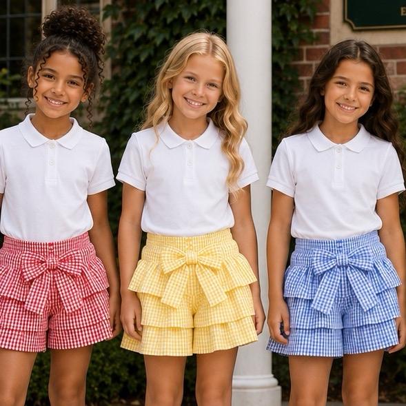Ginger Ivy: LAYERED Checked Frilly School Shorts for Girls in Vibrant Colors and Patterns Perfect for Schoolwear