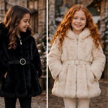 Ginger Ivy Montana Faux Fur Coat with Fashion Diamonte Belt and faux leather panels for Girls