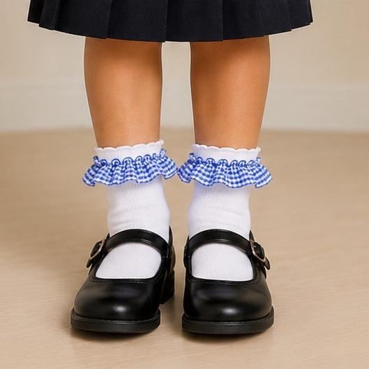 Ginger Ivy Three Pack Socks with Ruffled Edges and Bow Details for Kids Perfect School Socks in Red and Blue Checkered Patterns