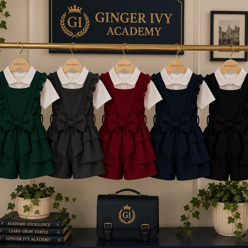 Ginger Ivy BROMLEY Bow Ruffle Playsuit One Piece for School Age 4-12 Girls' School Uniform