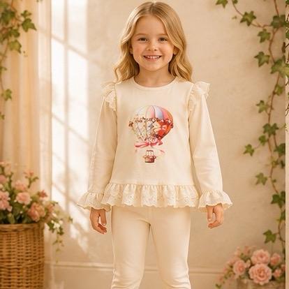 Ginger Ivy SKYE Hot Air Balloon Emblishment Long Sleeve Top with Ruffles and Leggings Outfit for Girls