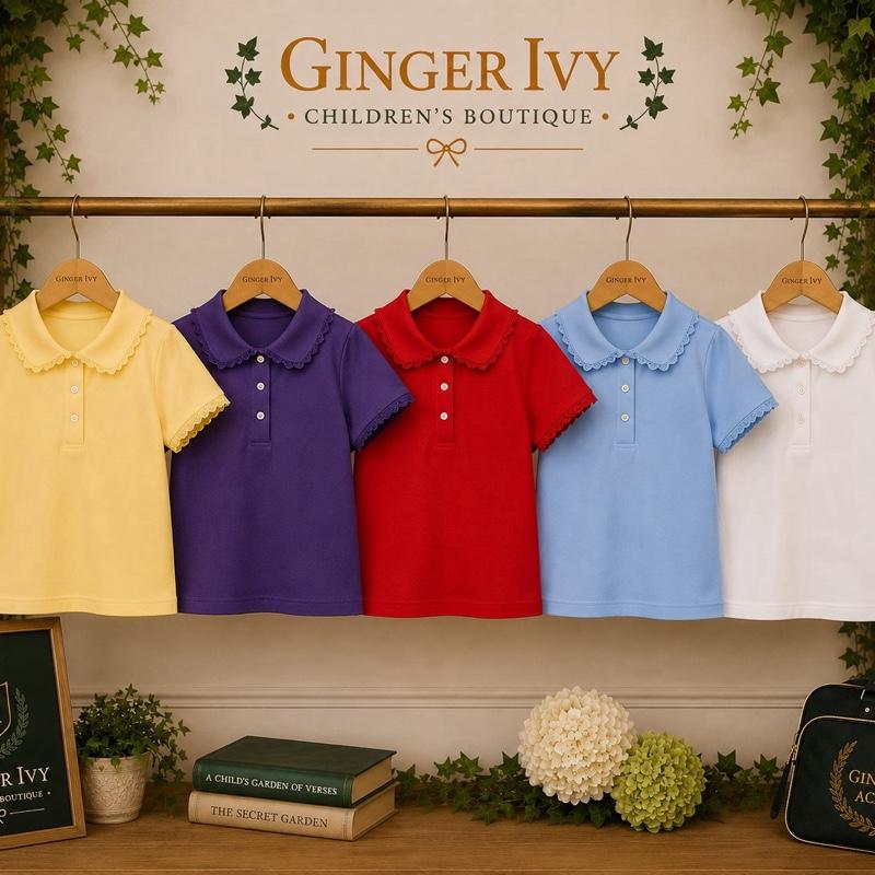 Ginger Ivy: Lace Trim and Button Detail collar top for Girls ideal for school