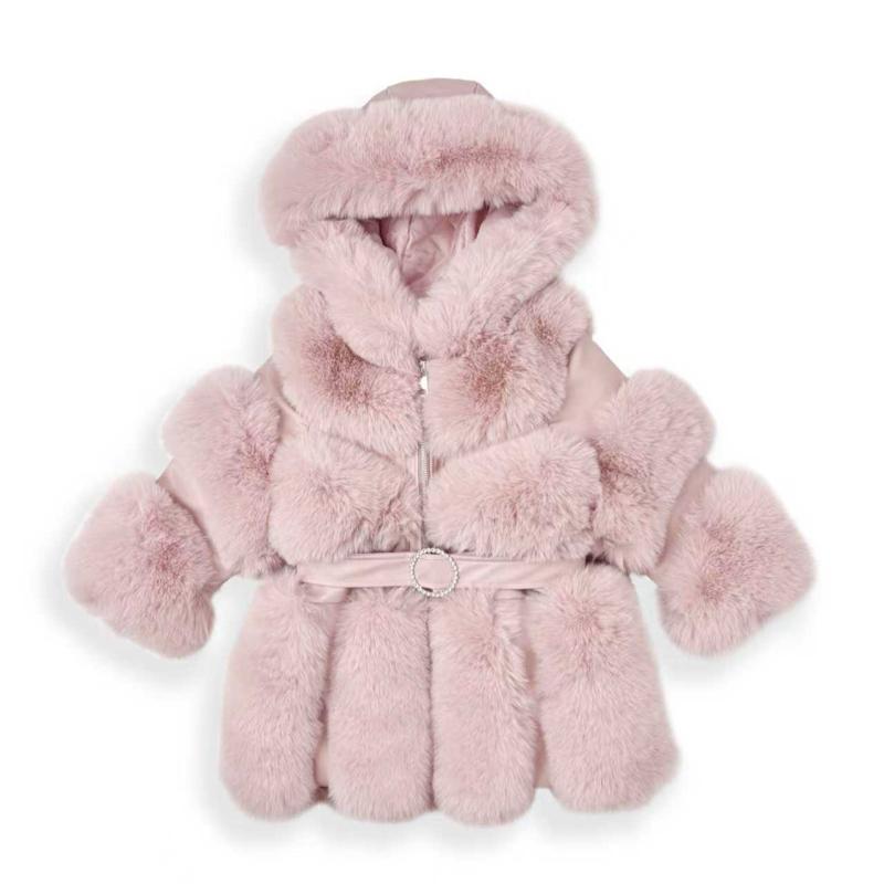 Ginger Ivy Montana Faux Fur Coat with Fashion Diamonte Belt and faux leather panels for Girls