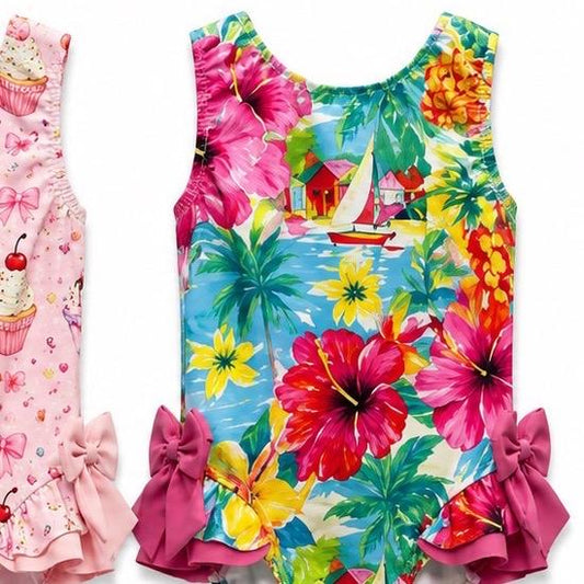 Ginger Ivy: Hawaii Tropical pattern hot pink bows swimsuit 2-12 years true to size