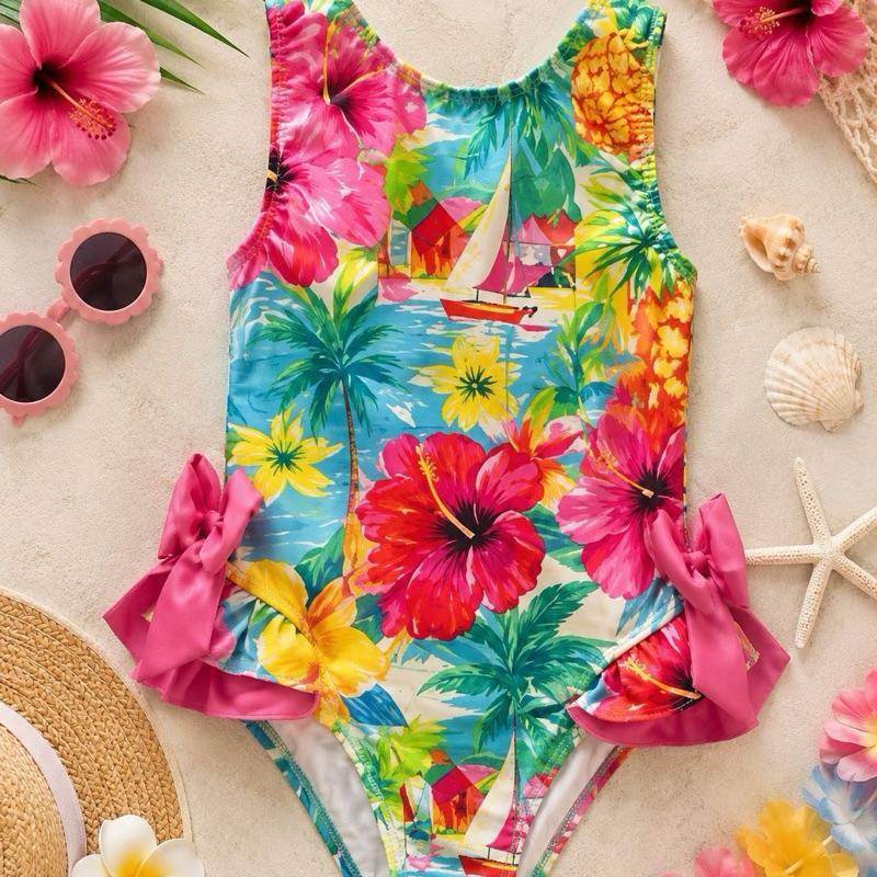 Ginger Ivy: Hawaii Tropical pattern hot pink bows swimsuit 2-12 years true to size