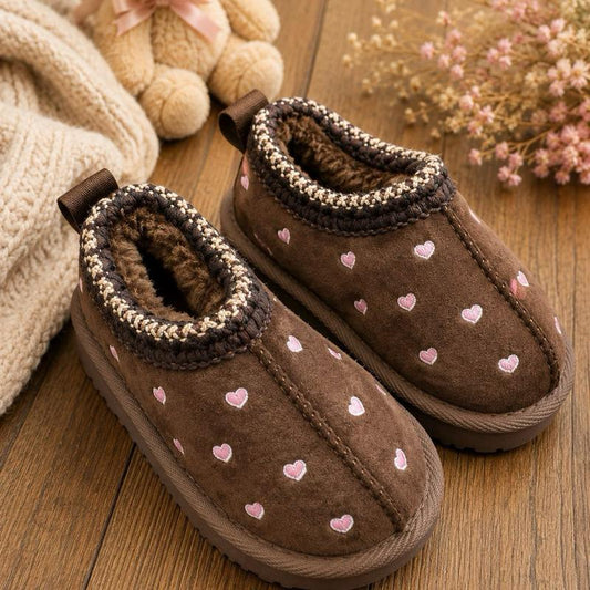 Ginger Ivy HEARTs Embroidered Fleece Lined Slipper Shoes for Girls with Contrasting Stitching Cozy Warm Everyday Wear