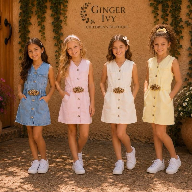 Ginger Ivy BETSY BELTED Fashion Denim Dress with Gold Colour Buttons for Girls Age 4-14 Years Classic & Chic Design