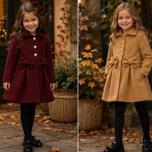 Ginger Ivy: TRADITIONAL Bow classic coat with bows feature and buttons for girls, Girls Clothing, Girls Winter Clothing, Girls Daily Coat 2-12 years