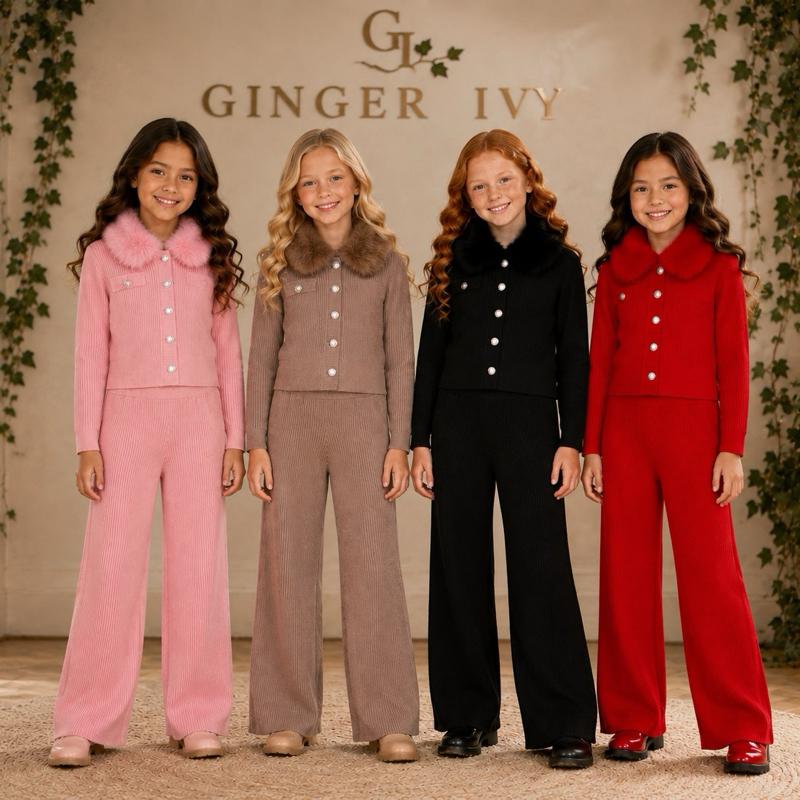 Ginger Ivy: ALEXIS knitted premium cardigan and trousers suit with faux fur collar 3-14 years