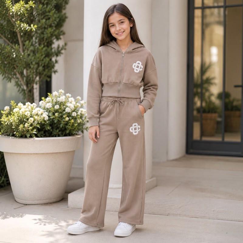 Ginger Ivy CARRINGTON CLUB Wide Leg Tracksuit for Girls - Soft Premium Fabric, Cropped Zip Hoodie, Embroidered Logo, Adjustable Drawcord, Ages 4-14