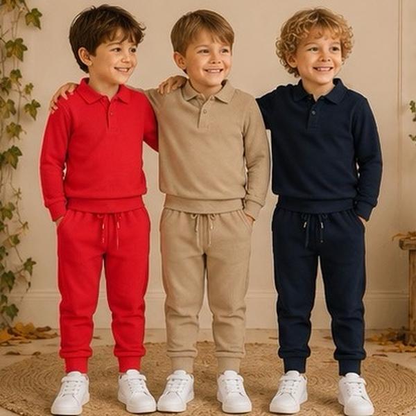 Ginger Ivy WARREN Smart Collar Polo Top & Classic Style Joggers with Waffle Texture Boys Tracksuits