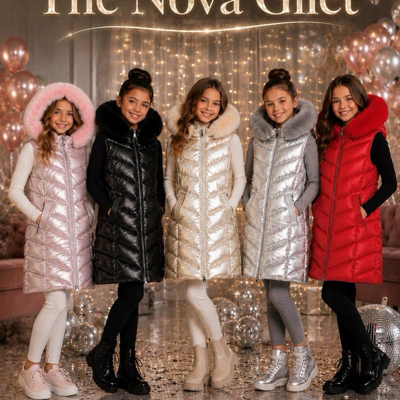 Ginger Ivy: NOVA metallic padded long GILET with faux fur trim hood for 4-12 years