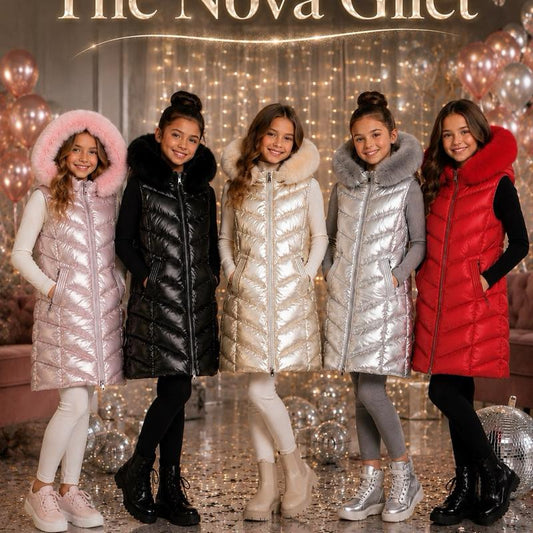 Ginger Ivy: NOVA metallic padded long GILET with faux fur trim hood for 4-12 years