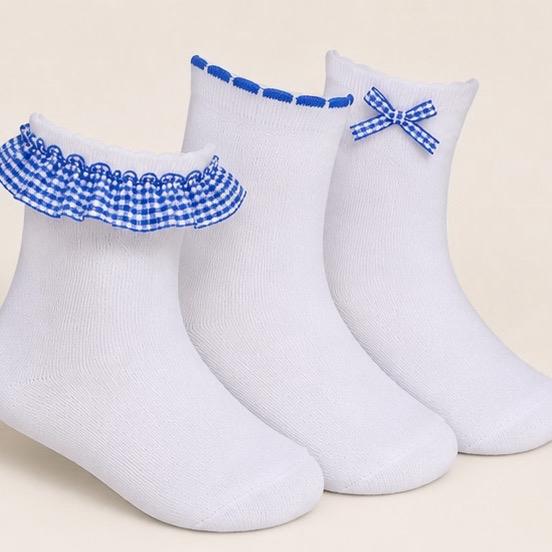Ginger Ivy Three Pack Socks with Ruffled Edges and Bow Details for Kids Perfect School Socks in Red and Blue Checkered Patterns