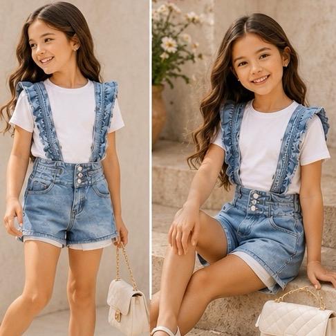 Ginger Ivy: Ruffle DUNGAREES high waisted shorts adjustable straps (recommended to size up)