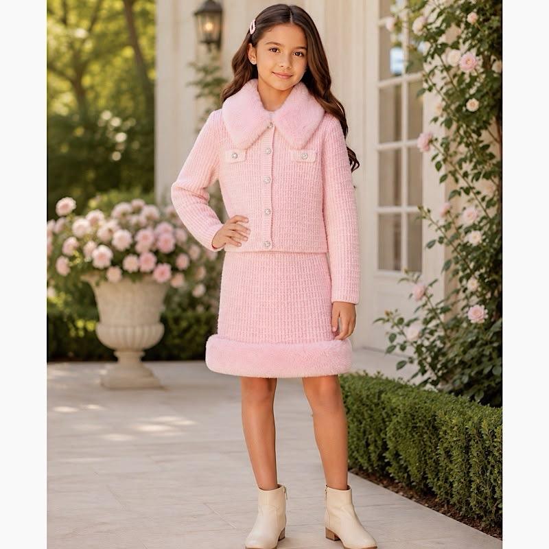Ginger Ivy: CRYSTAL knitted faux fur trimmed skirt and cardigan suit set 3-14 years