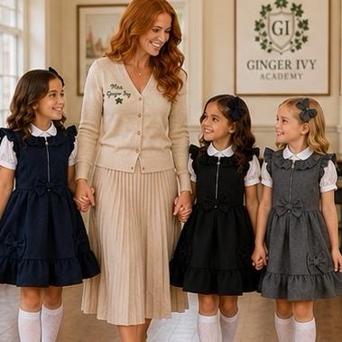 Ginger Ivy YORK ZIP Front Feature Dress with Bows and Ruffles School Dress for Girls