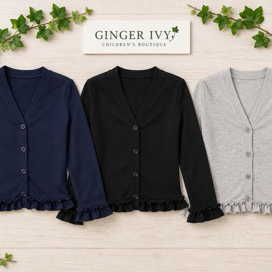 Ginger Ivy CHELSEA Cardigan with Ruffles Feature Trim and Cuff in Soft Cosy Fabric for School Uniform 2-12 Years