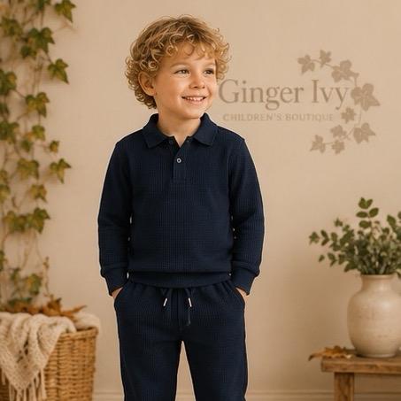 Ginger Ivy WARREN Smart Collar Polo Top & Classic Style Joggers with Waffle Texture Boys Tracksuits