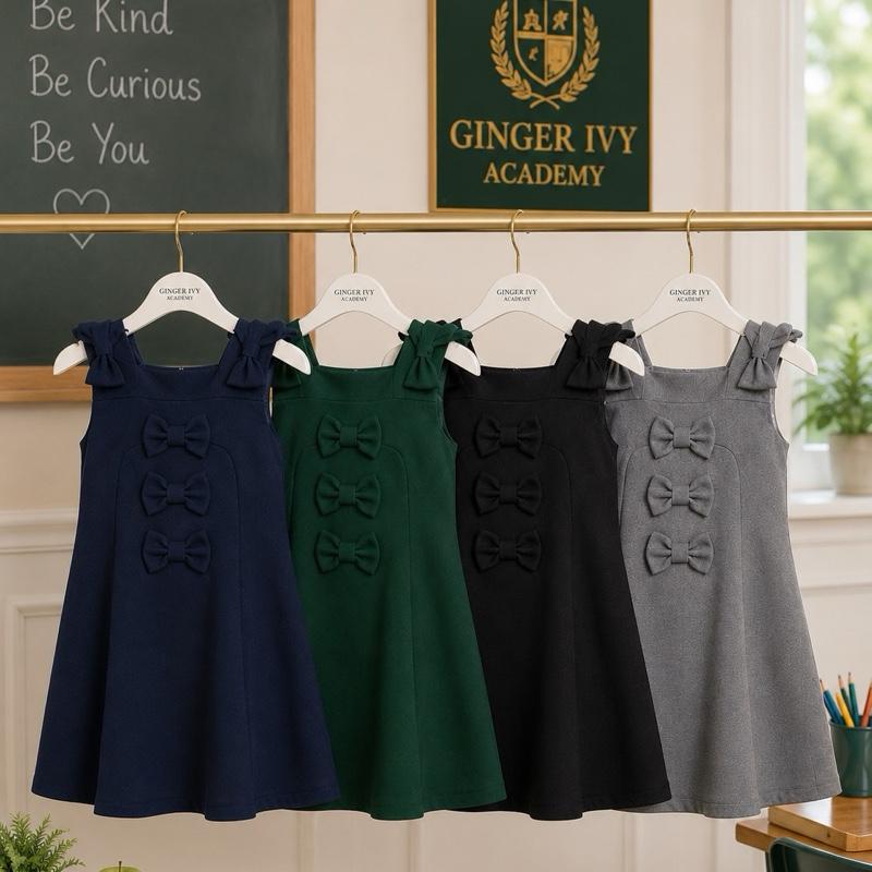 Ginger Ivy: TONBRIDGE Triple Bow and Bow on the shoulder feature pinafore school dress