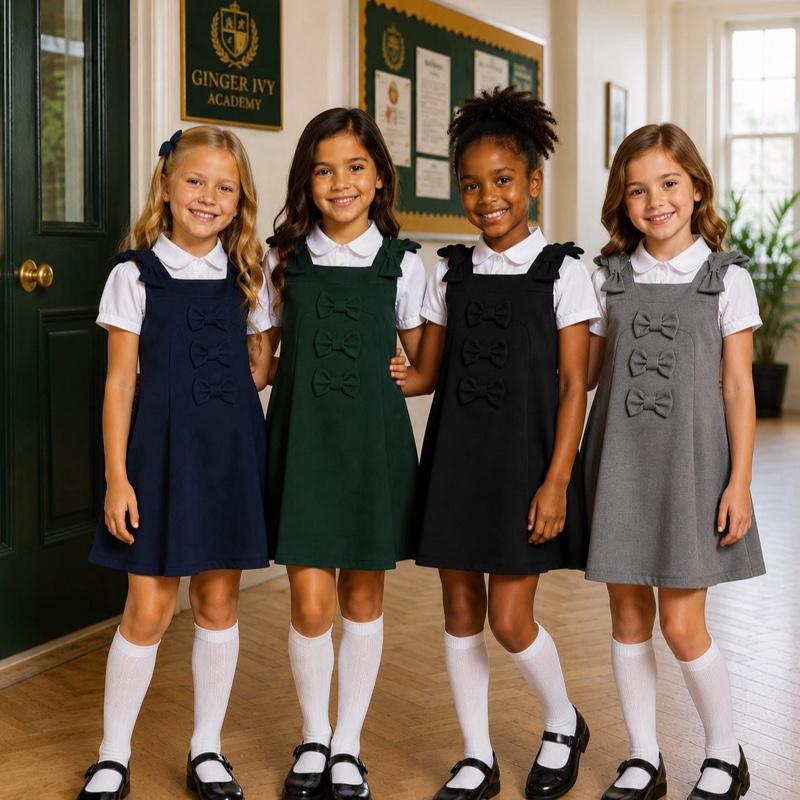 Ginger Ivy: TONBRIDGE Triple Bow and Bow on the shoulder feature pinafore school dress