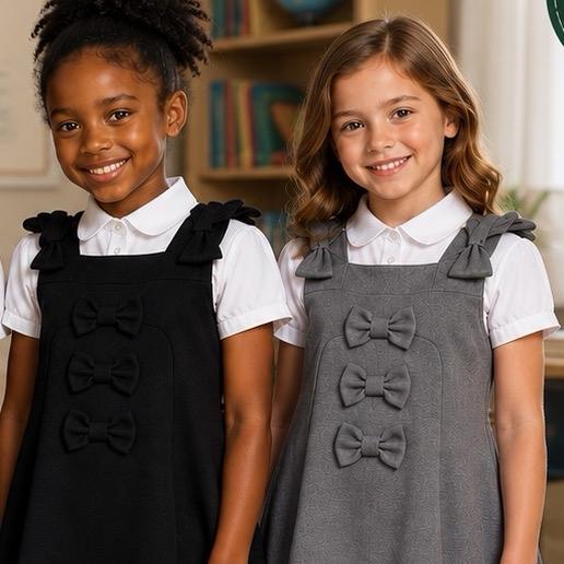 Ginger Ivy: TONBRIDGE Triple Bow and Bow on the shoulder feature pinafore school dress