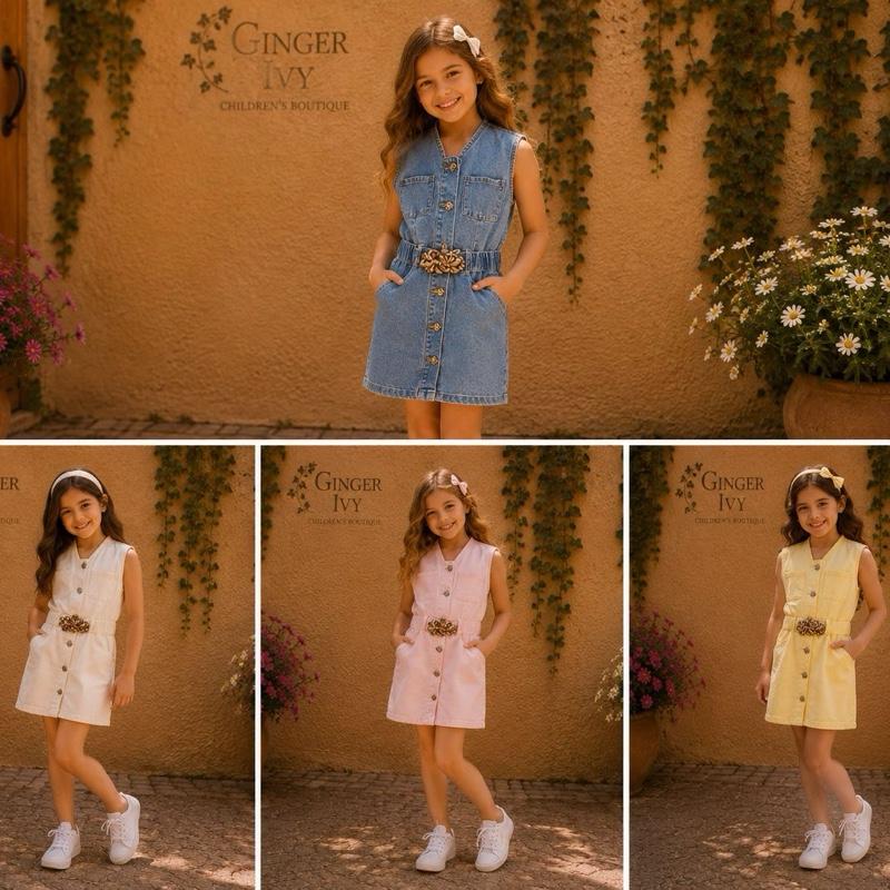 Ginger Ivy BETSY BELTED Fashion Denim Dress with Gold Colour Buttons for Girls Age 4-14 Years Classic & Chic Design