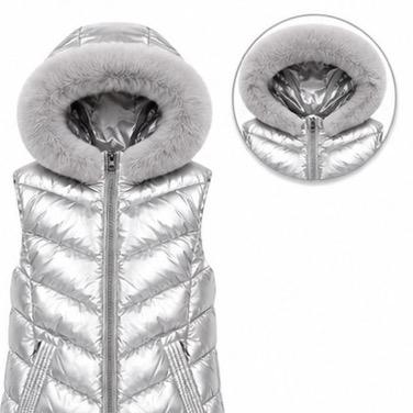 Ginger Ivy: NOVA metallic padded long GILET with faux fur trim hood for 4-12 years