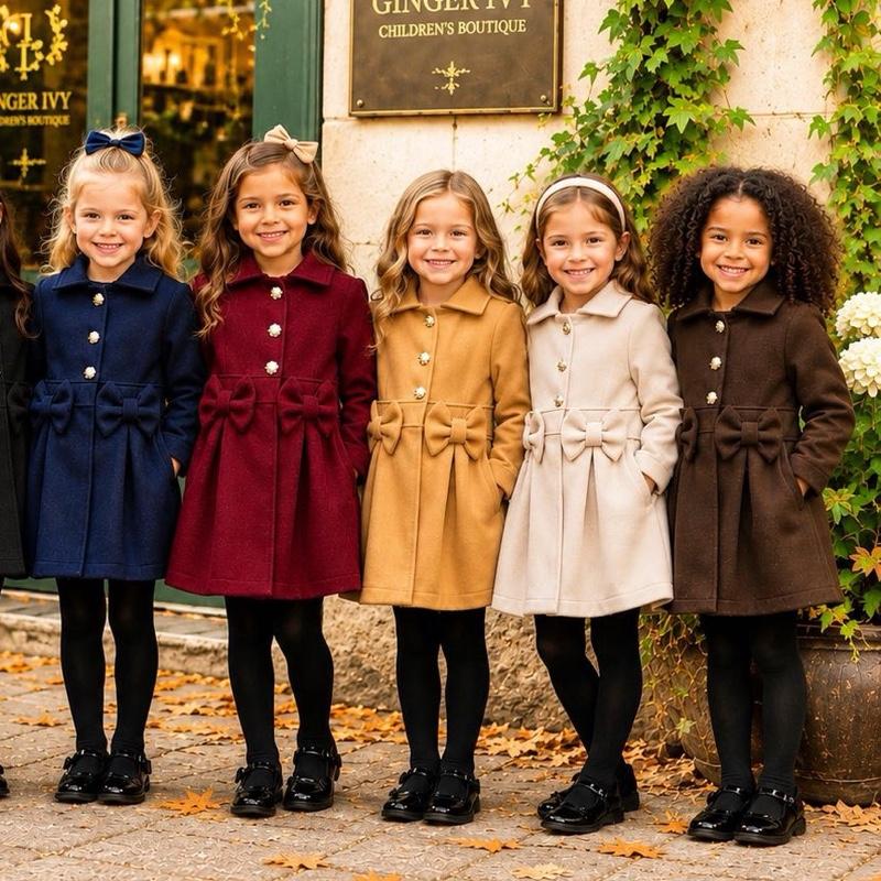 Ginger Ivy: TRADITIONAL Bow classic coat with bows feature and buttons for girls, Girls Clothing, Girls Winter Clothing, Girls Daily Coat 2-12 years