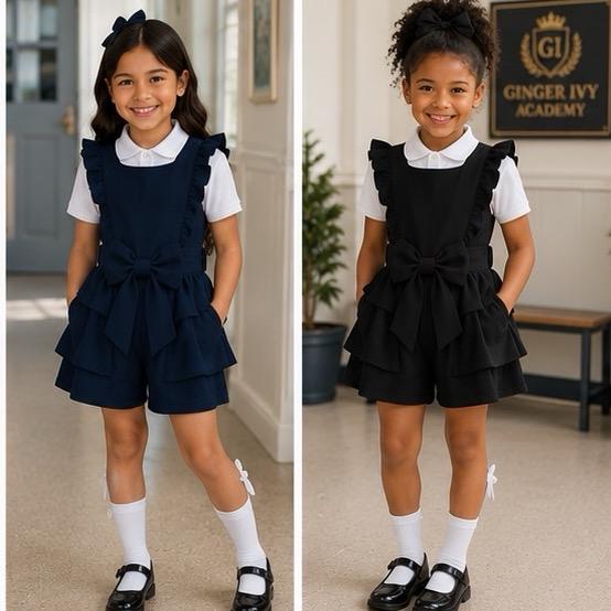Ginger Ivy BROMLEY Bow Ruffle Playsuit One Piece for School Age 4-12 Girls' School Uniform