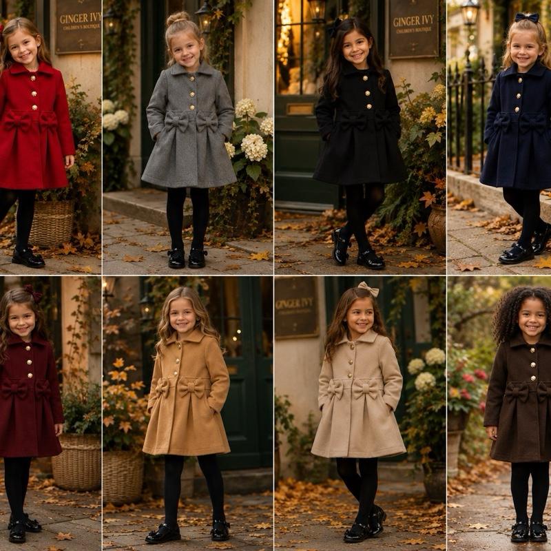 Ginger Ivy: TRADITIONAL Bow classic coat with bows feature and buttons for girls, Girls Clothing, Girls Winter Clothing, Girls Daily Coat 2-12 years