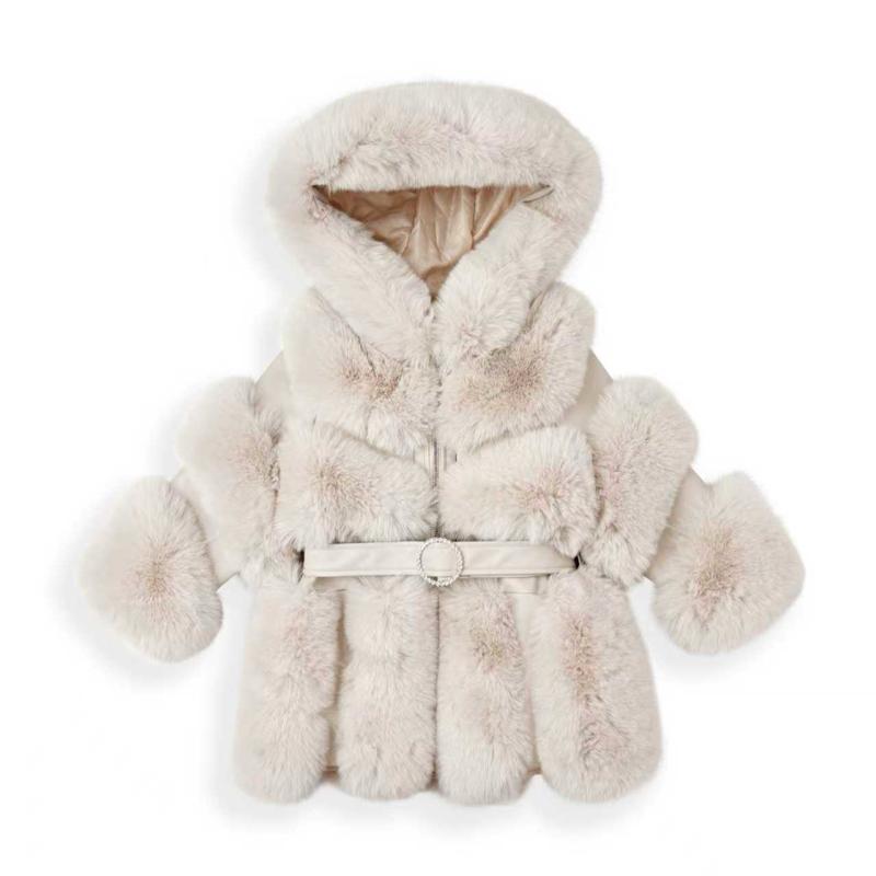 Ginger Ivy Montana Faux Fur Coat with Fashion Diamonte Belt and faux leather panels for Girls
