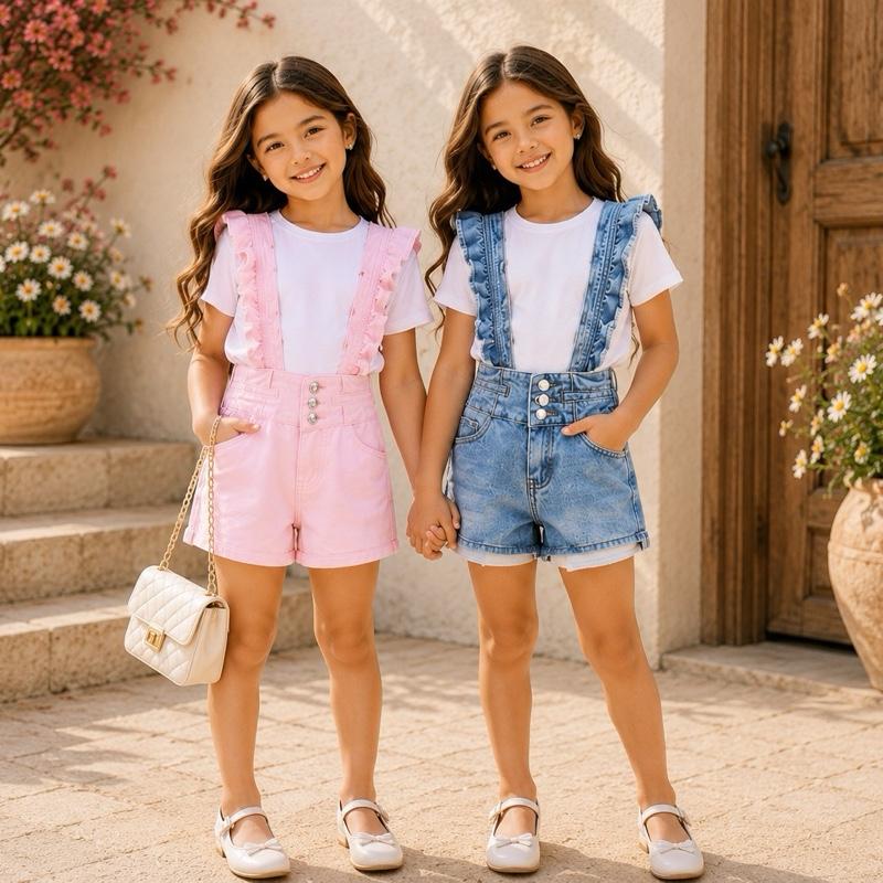 Ginger Ivy: Ruffle DUNGAREES high waisted shorts adjustable straps (recommended to size up)