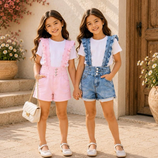 Ginger Ivy: Ruffle DUNGAREES high waisted shorts adjustable straps (recommended to size up)