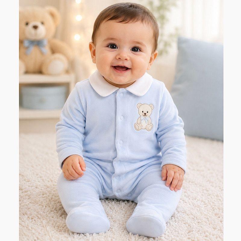 The Teddybear motif velour soft fabric collar feature babygrow romper