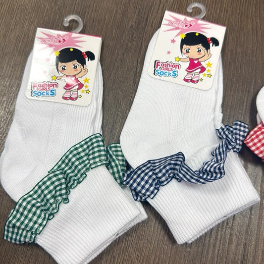 Ginger Ivy Ankle Socks with CHECK FRILLY trim school socks in Various Colors and Patterns for Kids